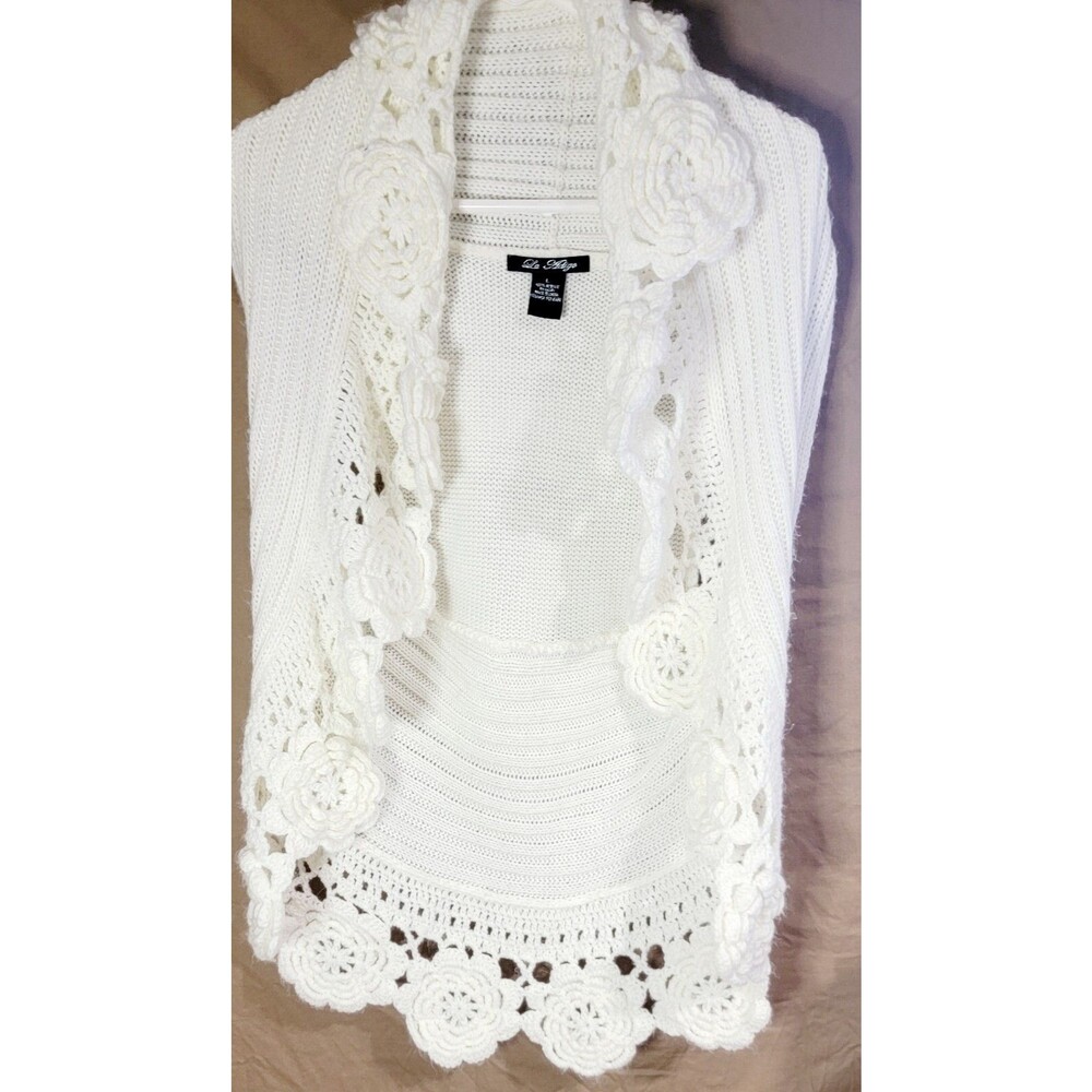 La Adige Womens Large Chunky 3D Knit Crocheted Floral Vest Ivory Cottage Core